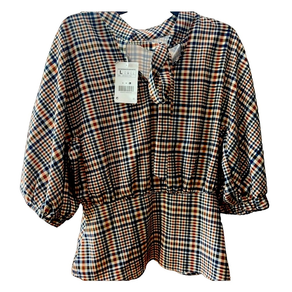 Checkered bubble 3/4 sleeve with self tie ribbon & side zip Women’s Large